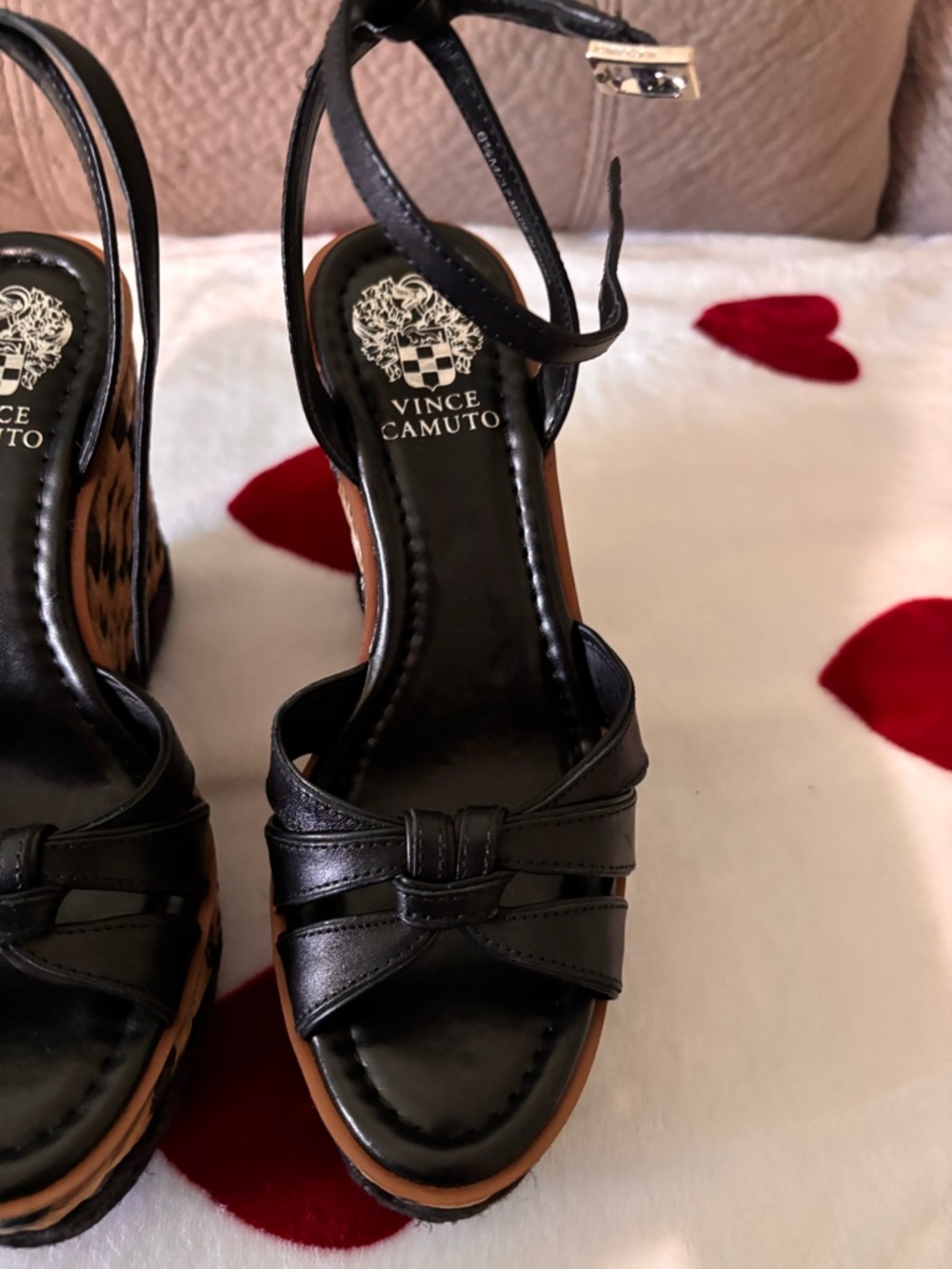 Vince Camuto Black Leather Wedge Sandals with Ankle Wrap - Picture 3 of 13